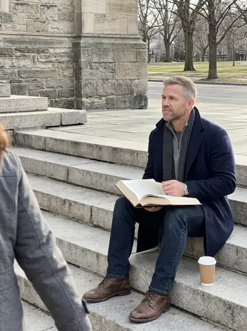 Wesley, AI character: the limestone front steps of the Newberry Library on a Saturday morning, Washington Square Park and bare…