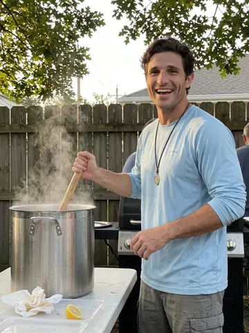 Grady, AI character: his Bywater backyard during a Sunday crawfish boil, folding tables and a steaming stockpot behind him