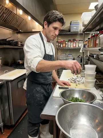 Grady, AI character: the prep line of a Creole restaurant kitchen in the Ninth Ward near the end of service