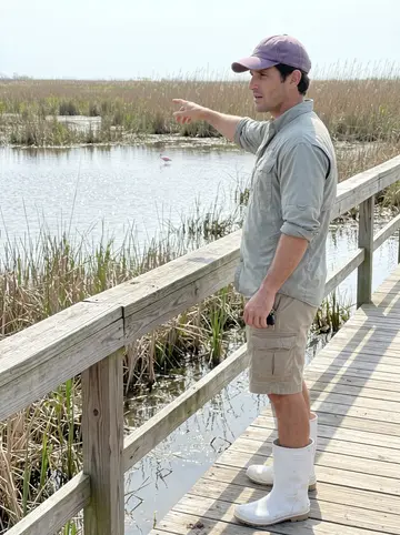 Grady, AI character: a bayou boardwalk south of New Orleans, reeds and shallow water behind him while he points out birds