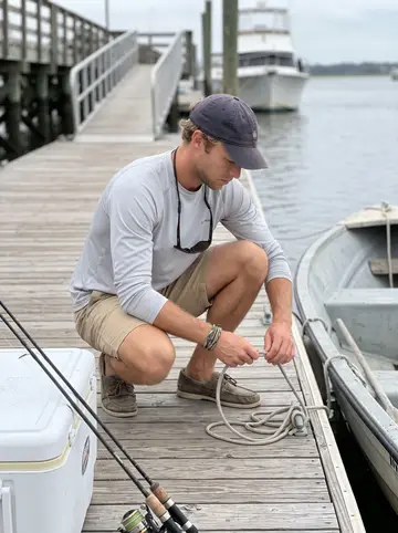 Tucker, AI character: the charter dock at a Charleston marina on a weekday morning, his skiff tied alongside, a cooler and…