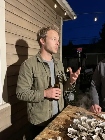 Tucker, AI character: a friend's back porch oyster roast in Mount Pleasant at dusk, a steaming pile of oysters on a plywood…