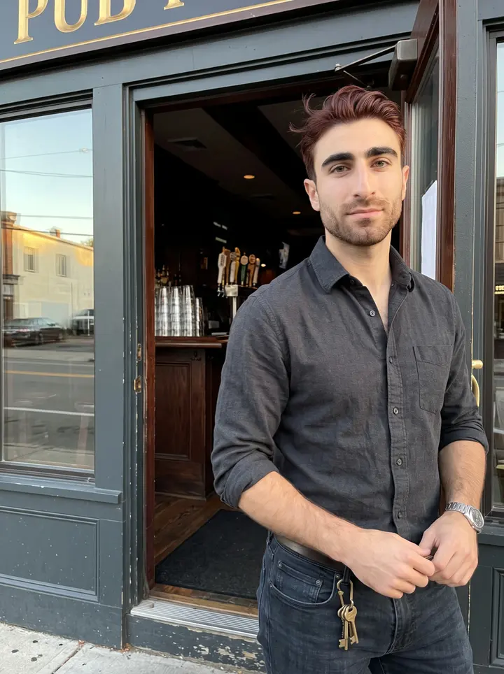 Conor, AI character: outside the family pub in South Boston just before opening, standing in the open doorway with the dark…