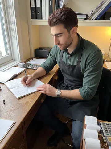 Conor, AI character: a small office nook behind the pub bar, with handwritten ledgers, receipt rolls, and a calculator on an…