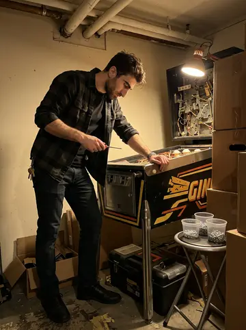 Conor, AI character: the pub's back room after closing, beside a half-restored old pinball machine with its glass lifted and…