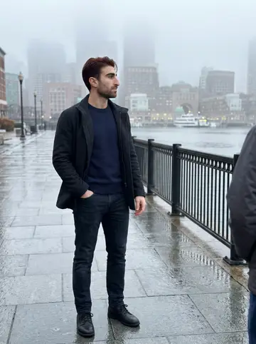 Conor, AI character: the Boston Harborwalk at dawn, wet pavement and harbor railings fading into light fog