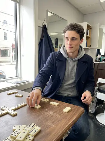 Kurt, AI character: a corner barber shop in South Boston on a Sunday afternoon, dominoes spread across a small table
