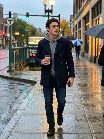 Kurt, AI character: wet sidewalk near a Boston T stop after work, traffic lights reflected on the pavement