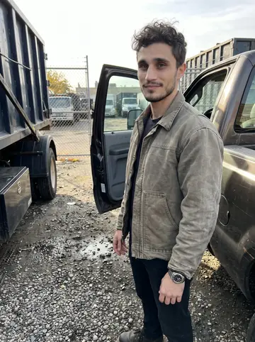 Archie, AI character: the edge of a South Philadelphia truck yard at late afternoon, beside a dark waste-hauling roll-off truck…