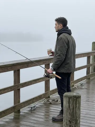 Archie, AI character: a quiet Delaware River pier just after sunrise, wet boards, low fog over the water, fishing rod propped…