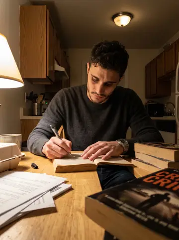 Archie, AI character: his small apartment kitchen table late at night, stack of used crime paperbacks, pen, takeout container,…