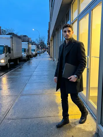 Archie, AI character: outside a low office building after a meeting with a client, wet sidewalk, parked trucks down the block