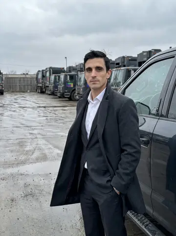 Adam, AI character: the Cleveland waste hauling yard beside a dark company pickup and a row of parked garbage trucks, late…