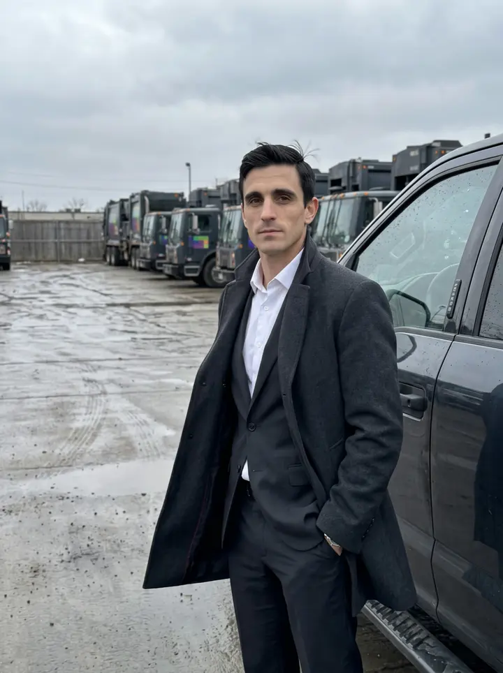 Adam, AI character: the Cleveland waste hauling yard beside a dark company pickup and a row of parked garbage trucks, late…