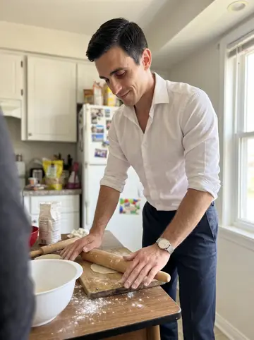 Adam, AI character: his grandmother's small kitchen on a Sunday, flour on the counter, a wooden rolling pin and dumpling…
