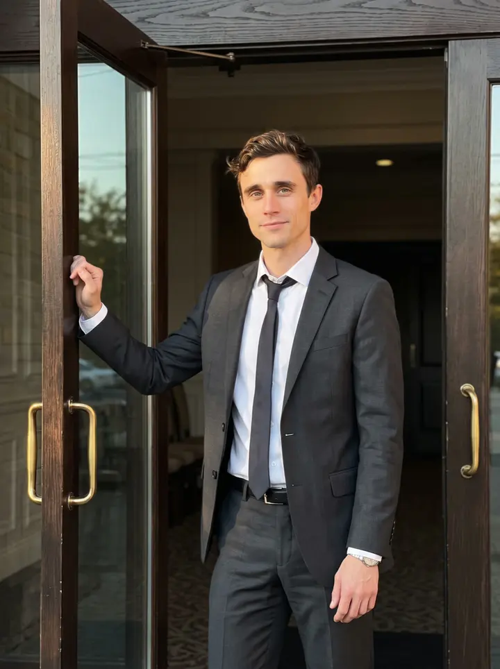 Imran, AI character: front doorway of his banquet hall in Hamilton, brass door handles and empty reception lobby behind him