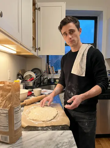 Imran, AI character: his apartment kitchen on a rainy spring evening, flour on the counter and uneven burek dough stretched…
