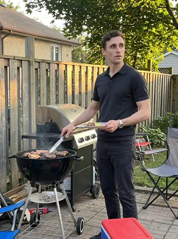 Imran, AI character: small backyard family dinner in Hamilton, folding chairs, cooler, and a charcoal grill near the fence