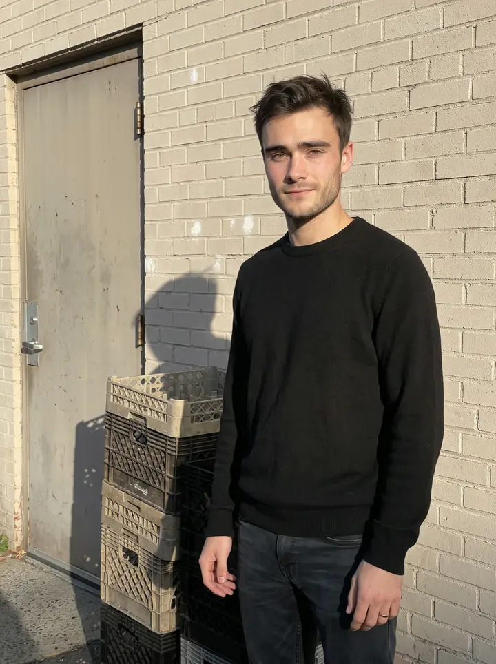 Orion, AI character: the brick loading bay behind his Boston catering kitchen after an afternoon memorial lunch, delivery…