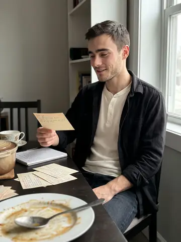 Orion, AI character: his small apartment dining table on a Sunday, shepherd's pie cooling beside handwritten recipe cards from…