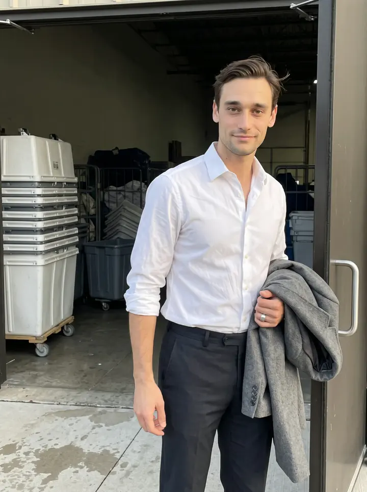 Zackary, AI character: outside the side doorway of his commercial linen service in Cleveland, clean delivery carts stacked behind…