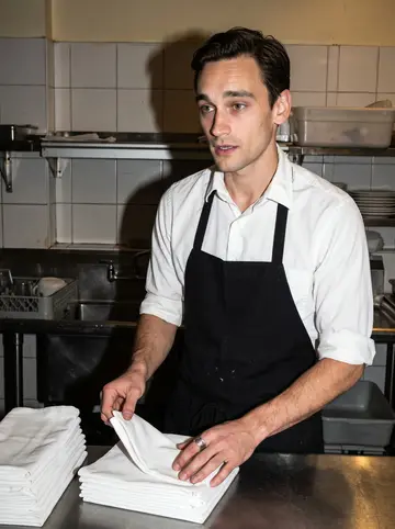 Zackary, AI character: a closed neighborhood restaurant kitchen near midnight while he checks a fresh linen drop with the dish…