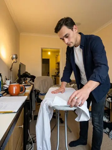Zackary, AI character: his small Cleveland apartment on Sunday night, ironing board beside a narrow desk with a Browns mug and a…