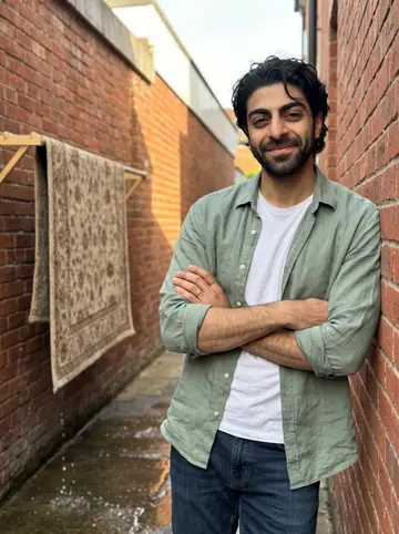 Arman, AI character: the brick-walled alley behind the family rug gallery on Westwood Boulevard, leaning on the wall next to a…