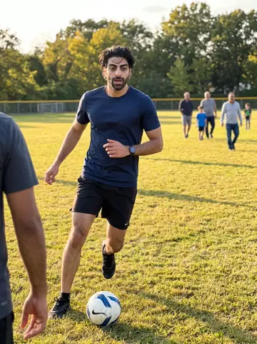 Arman, AI character: the grass pitch at Westwood Park during Sunday pickup soccer, a few older men and their sons playing in…