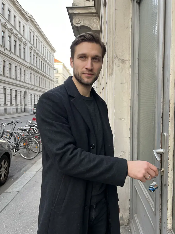 Yevhen, AI character: a quiet Vienna side street near his apartment building, late afternoon, old stone facade and parked…