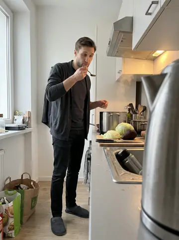 Yevhen, AI character: his apartment kitchen on a Sunday morning, big pot of borscht on the stove, cutting board with smoked pear…