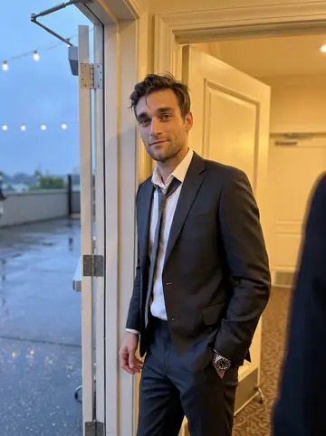 Aleksei, AI character: the side door of a Brighton Beach banquet hall during his brother's wedding reception, wet pavement and…