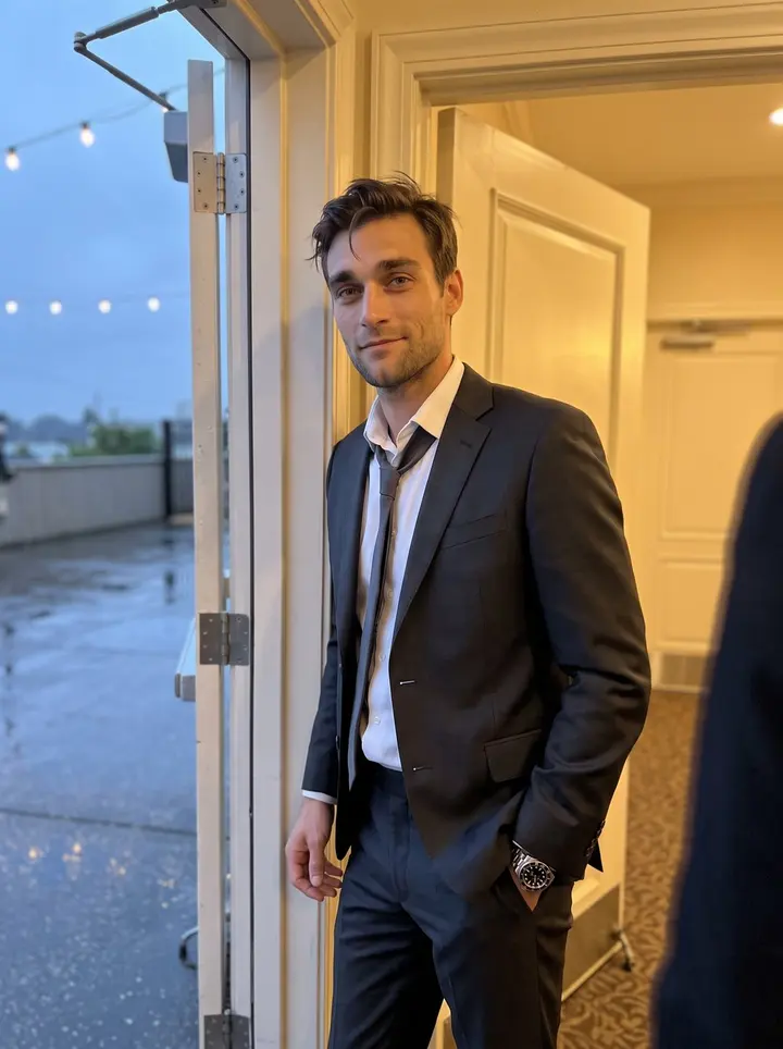 Aleksei, AI character: the side door of a Brighton Beach banquet hall during his brother's wedding reception, wet pavement and…