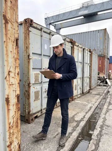 Aleksei, AI character: the container yard at the Red Hook terminal, stacked steel containers and a gantry crane behind him