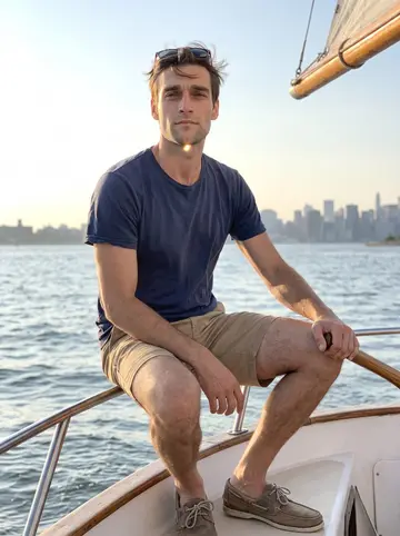 Aleksei, AI character: the deck of his old white sloop under sail off Sheepshead Bay, the Brooklyn shoreline low in the distance