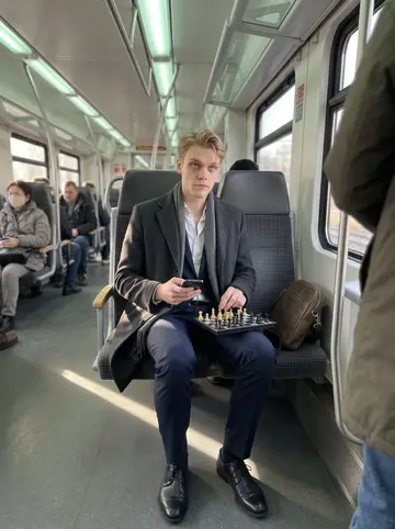 Dirk, AI character: a seat in an S-Bahn carriage in Hamburg on a winter morning, other commuters blurred behind him, a small…