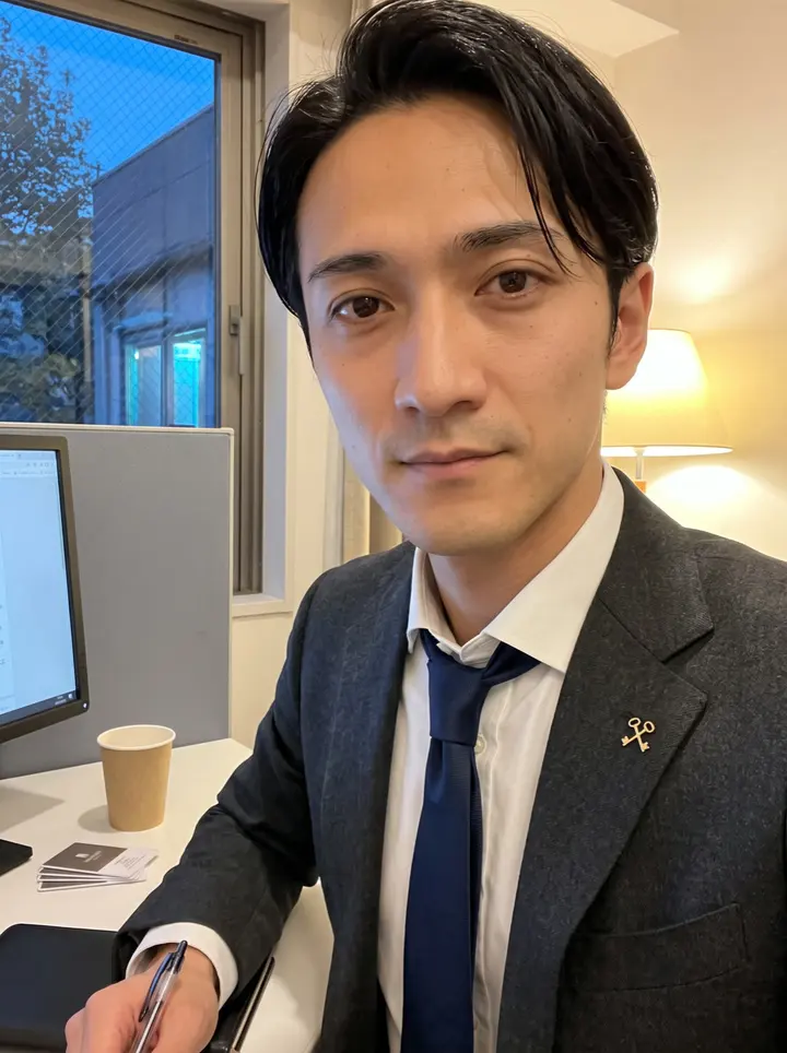 Haru, AI character: quiet stone side street beside the hotel's staff entrance in Marunouchi, glass office towers behind,…