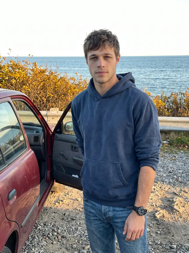 Olivier, AI character: a gravel pull-out on the coast road above the calanques near Marseille, his faded dark-red 1998 Peugeot…