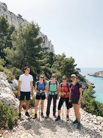 Matthieu, AI character: a limestone path above a calanque near Marseille, pale rock, pines and turquoise water far below