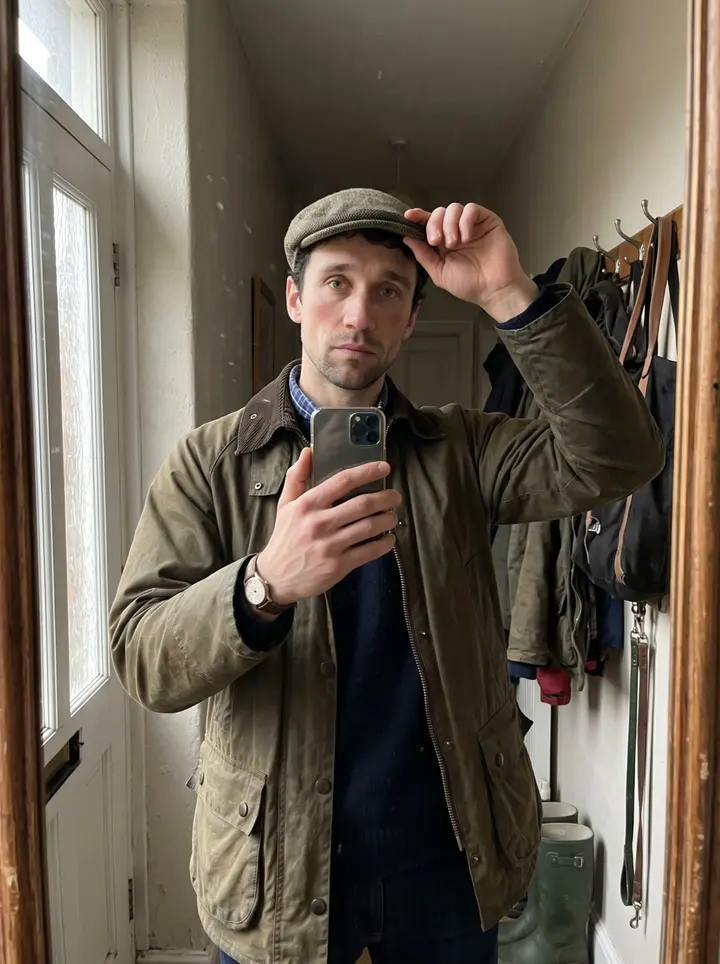 Ronan, AI character: his small racing yard on the Curragh, leaning on the half-door of a stable, a bay horse's head out of the…