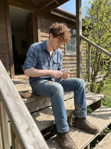 Lorcan, AI character: the wooden porch steps of his rented cottage near the clinic, new green leaves on the trees behind and a…