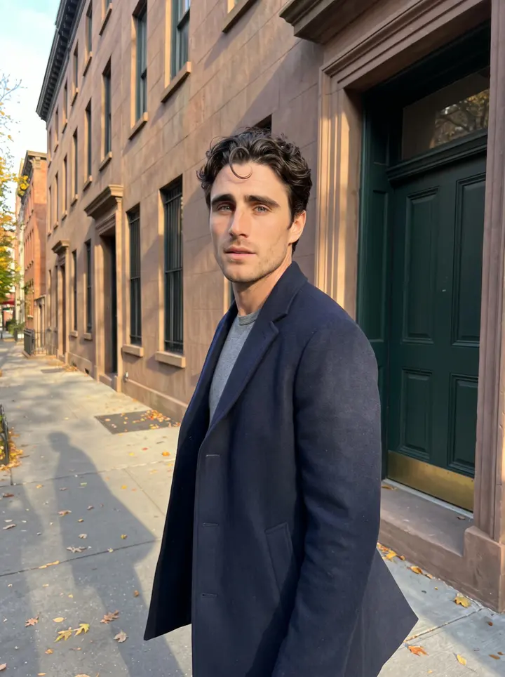 Eamon, AI character: a quiet Upper East Side side street in front of a brownstone with a dark green door, a few fallen leaves…