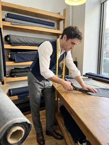 Eamon, AI character: the cutting table of a small bespoke tailoring shop on the Upper East Side, bolts of grey and navy cloth…