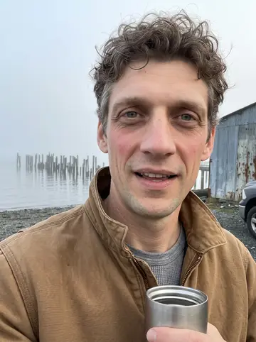 Dex, AI character: the gravel lot along the Port Townsend waterfront at dawn, low fog over the water, the boat shed ahead of him