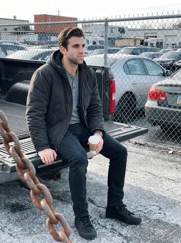 Nathaniel, AI character: the tow yard office lot on a clear cold morning, salt crust on the asphalt and impounded cars lined behind…