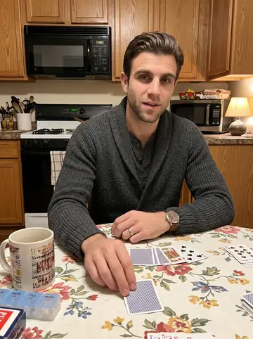 Nathaniel, AI character: his grandmother Dolores's small Milwaukee kitchen during their nine o'clock gin rummy game, floral…