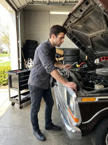 Nathaniel, AI character: his Sunday repair bay, the rusted 1978 Ford wrecker half apart with tools on a rolling cart and the garage…