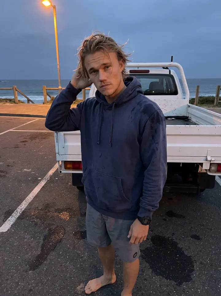 Colt, AI character: the Maroubra beach car park at dusk after a winter surf, his white work ute parked facing the dark water