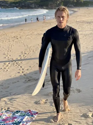 Colt, AI character: walking up the sand from the south end of Maroubra beach after an evening surf