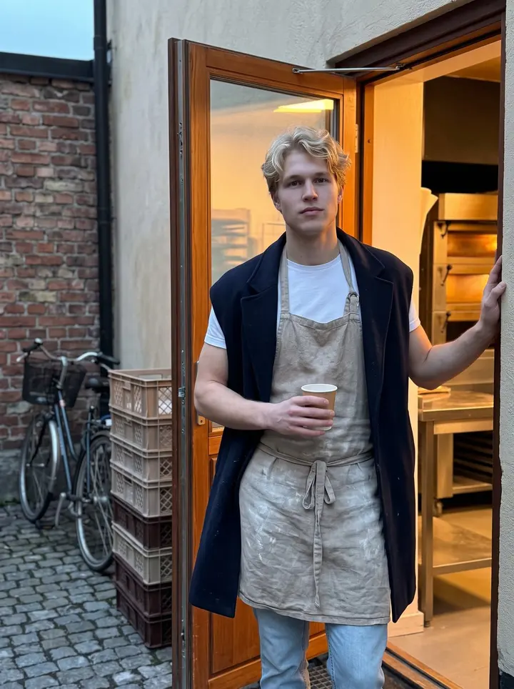 Elias, AI character: the back door of the bakery in Södermalm before dawn, a narrow cobbled courtyard, stacked bread crates and…